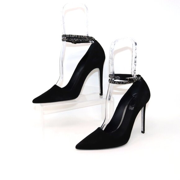 René Caovilla NEW 38 Black Suede Fabulosity Swarovski Crystal Ankle Wrap Heels - Picture 10 of 16